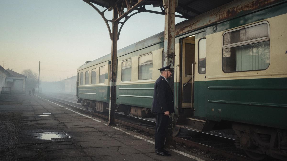 A cream and green passenger train waiting under an iron canopy at a small Ukrainian station platform in early morning light.
