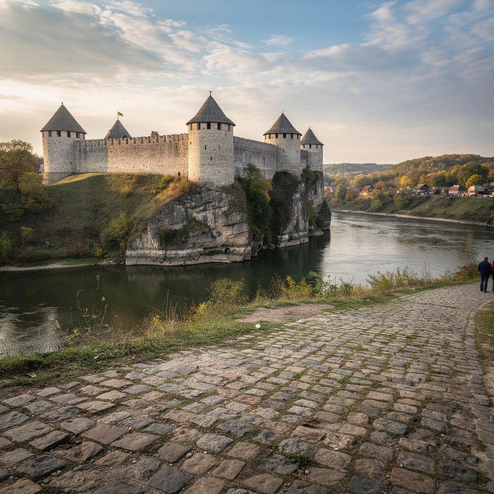 Stone fortress walls above the Smotrych river bend at Kamianets-Podilskyi in late afternoon light